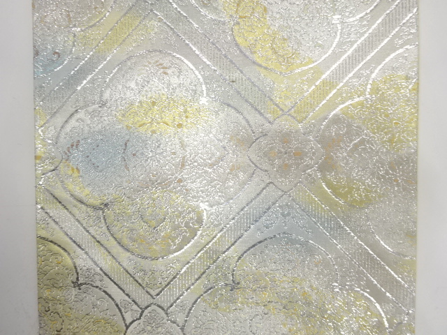  斜め格子に花更紗模様織り出し　袋帯